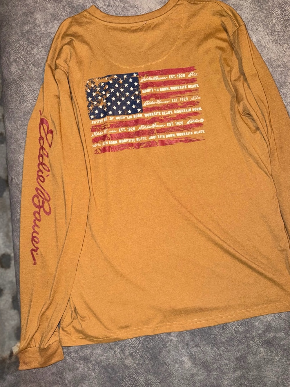 Eddie Bauer Men's Long-Sleeve Flag Tee in Mustard with Red Script 2X